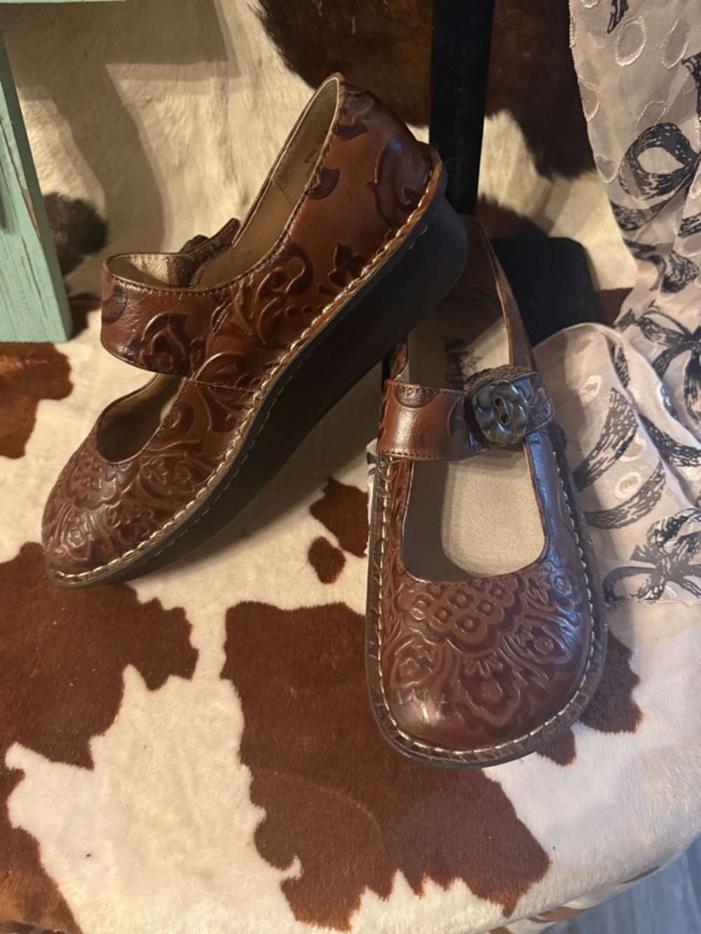 Traq by Alegria Brown Floral Embossed Mary Jane Flats